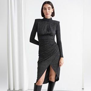 & Other Stories Draped Padded Shoulder MIDI Dress in Black Glitter
